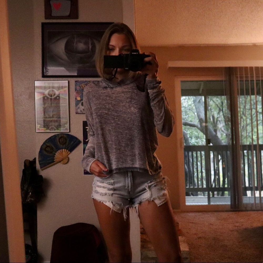 Grey hooded long sleeve shirt